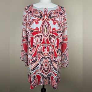 JM Collection Red & Yellow 3/4 Sleeve Blouse. Side Slits. Size- XL